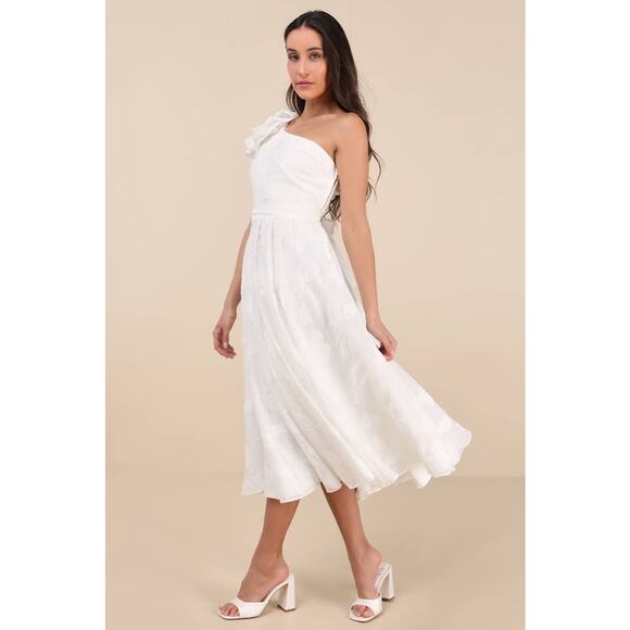 NWT Lulus Sweet Definition White Burnout Ruffled One-Shoulder Midi Dress Size XL - Picture 4 of 10